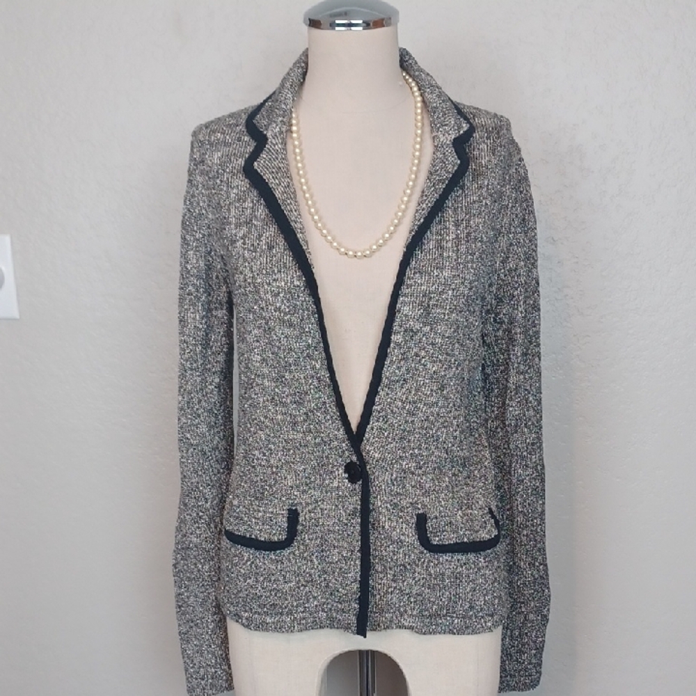 Banana Republic Gray Tweed Knit Blazer Cardigan with Navy Trim